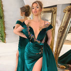 Green Luxury Gorgeous Fashion Beaded Decoration Deep V Neck Long Slit Floor Length Classy Evening Gown Ball Gown