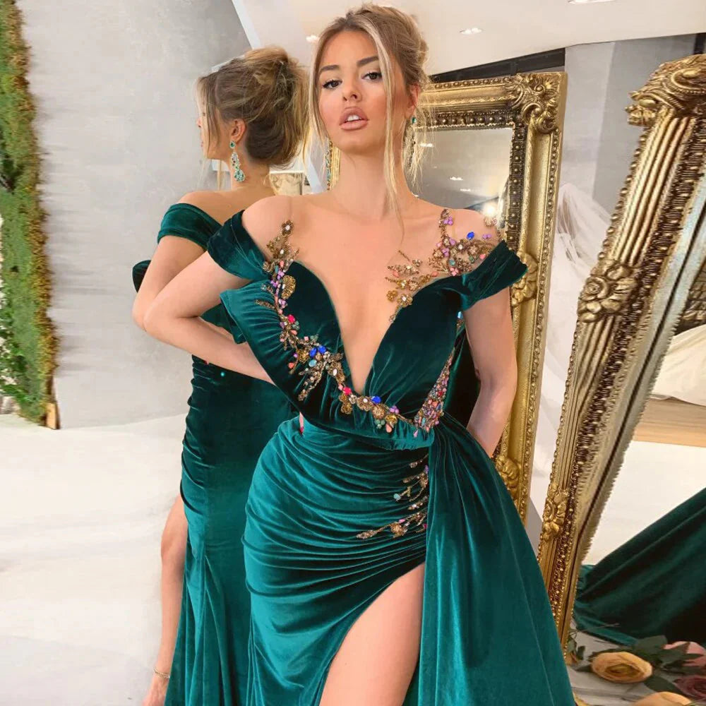 Green Luxury Gorgeous Fashion Beaded Decoration Deep V Neck Long Slit Floor Length Classy Evening Gown Ball Gown