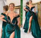 Green Luxury Gorgeous Fashion Beaded Decoration Deep V Neck Long Slit Floor Length Classy Evening Gown Ball Gown