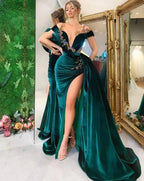 Green Luxury Gorgeous Fashion Beaded Decoration Deep V Neck Long Slit Floor Length Classy Evening Gown Ball Gown