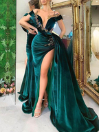 Green Luxury Gorgeous Fashion Beaded Decoration Deep V Neck Long Slit Floor Length Classy Evening Gown Ball Gown