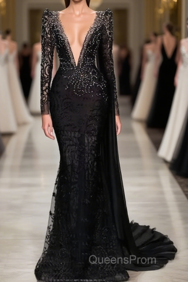 Stylish Black A-line Mermaid Evening Dress Deep V-Neck Beadings Long Sleeves Evening Prom Dress Main image