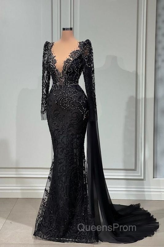 Stylish Black A-line Mermaid Evening Dress Deep V-Neck Beadings Long Sleeves Evening Prom Dress Secondary image