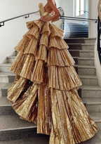 Stylish Golden Tiered Ball Gown Long Classy Evening Party Dress