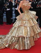 Stylish Golden Tiered Ball Gown Long Classy Evening Party Dress