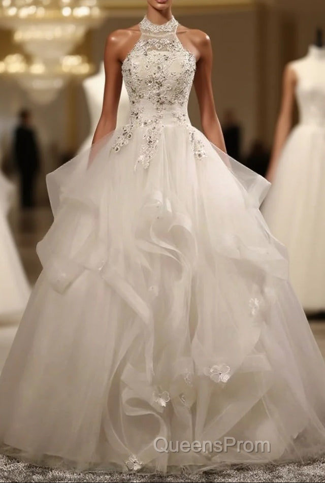 Stylish Halter Floor-Length Organza Wedding Dress With Appliques Beading Main image