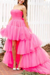 Stylish High Low Strapless Fuchsia Evening Prom Dress with Ruffles