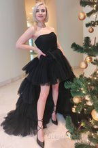 Stylish High Low Strapless Fuchsia Evening Prom Dress with Ruffles