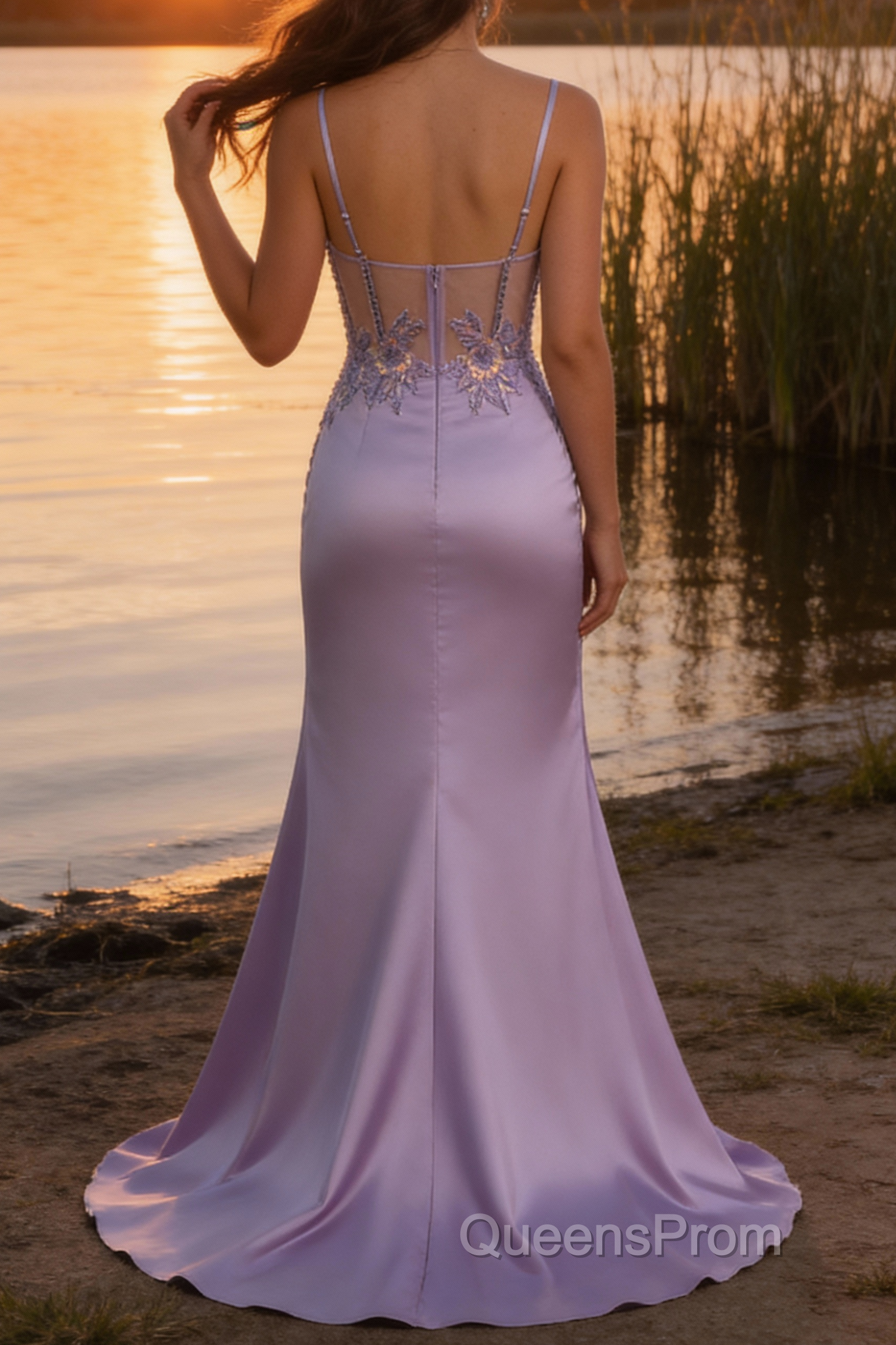 Stylish Lilac Mermaid Pleated Sequin Corset Long Prom Dress With Slit Main image