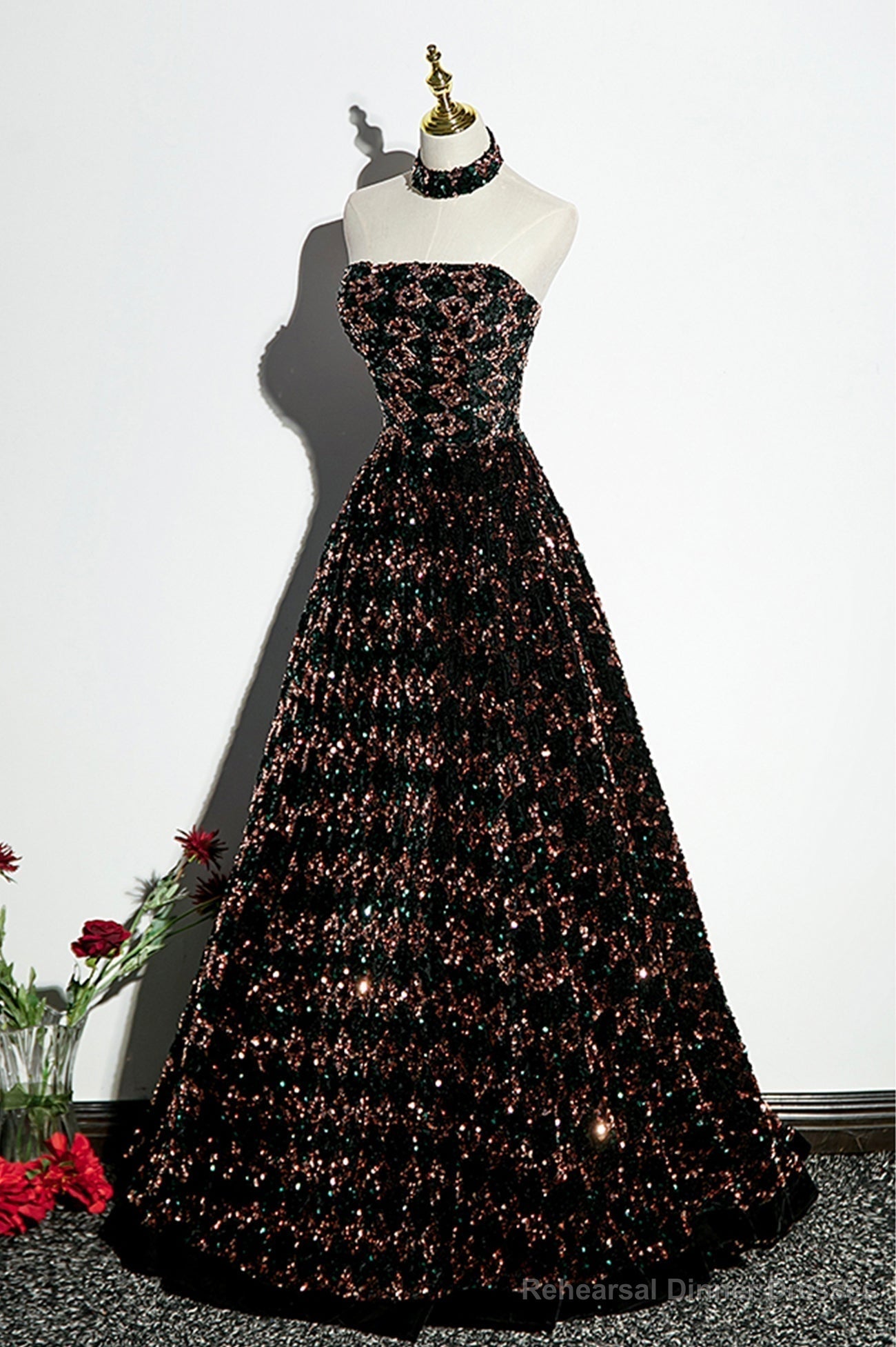 Stylish Sequins Long A-Line Prom Dress, Shiny Strapless Evening Dress Main image