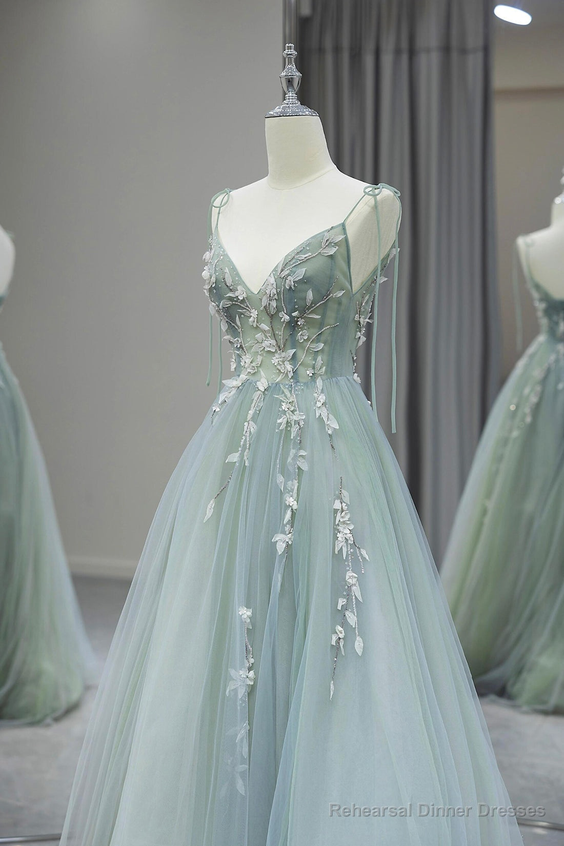 Stylish Spaghetti Strap Tulle Floor Length Formal Dress, Gray Green V-Neck Backless Party Dress Secondary image
