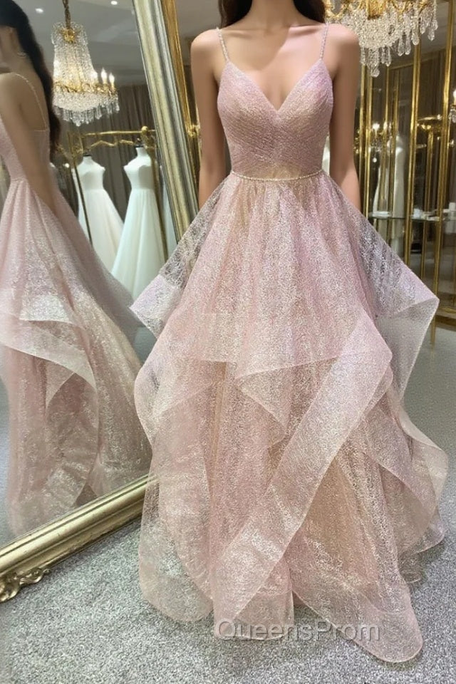 Stylish V Neck Backless Rose Gold Long Evening Prom Dress, Backless Rose Gold Formal Dress, Fluffy Rose Gold Evening Dress Main image
