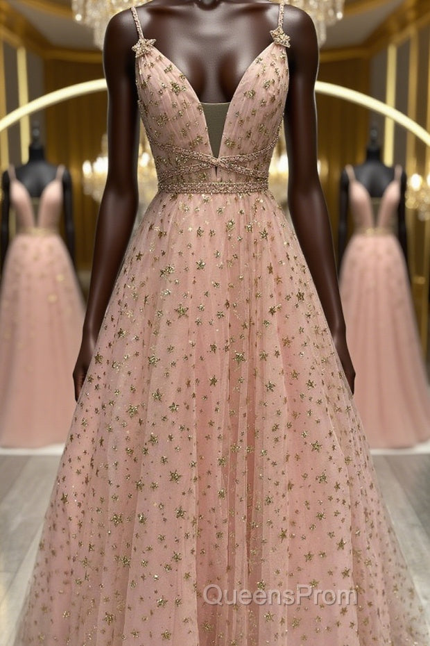 Stylish V Neck Pink Long Evening Prom Dress with Stars Sequins, Long Pink Formal Evening Dress Main image