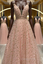 Stylish V Neck Pink Long Evening Prom Dress with Stars Sequins, Long Pink Formal Evening Dress
