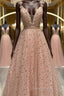 Stylish V Neck Pink Long Evening Prom Dress with Stars Sequins, Long Pink Formal Evening Dress