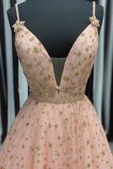 Stylish V Neck Pink Long Evening Prom Dress with Stars Sequins, Long Pink Formal Evening Dress