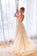 Stylish V Neck Tulle Applique Long Classy Prom Dress