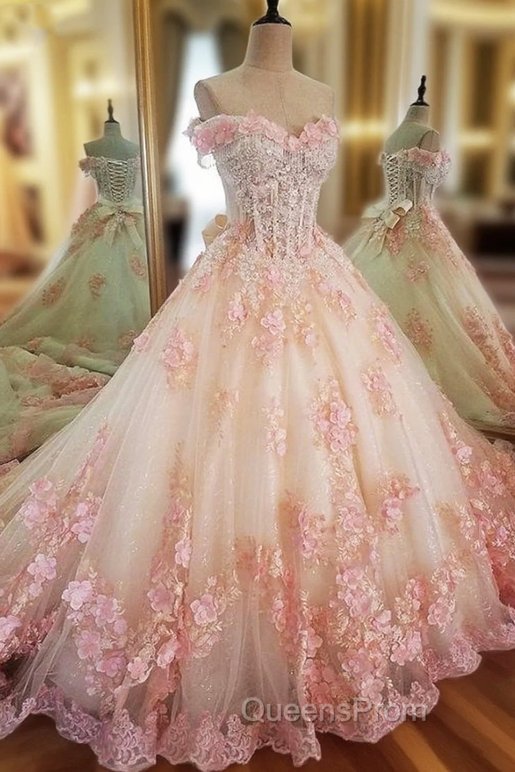 Sweet 16 Dress Pink Lace Floral Evening Prom Dress Ball Gown Off The Shoulder Elegant Beaded Luxury Evening Prom Gown Main image
