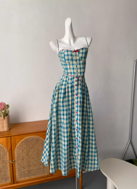 Sweet A-Line Blue Plaid Spaghetti Strap Long Classy Prom Dress Secondary image