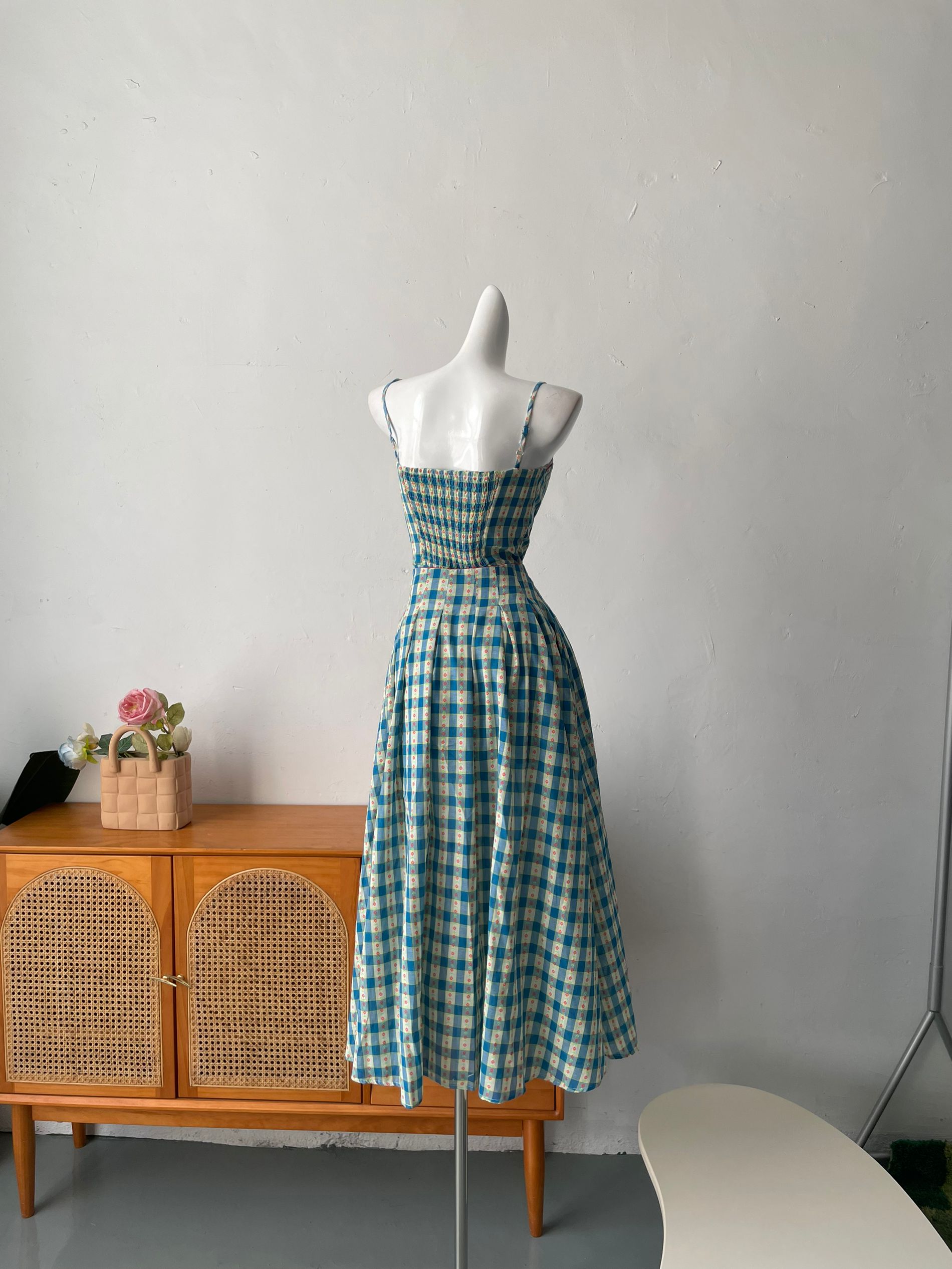 Sweet A-Line Blue Plaid Spaghetti Strap Long Classy Prom Dress