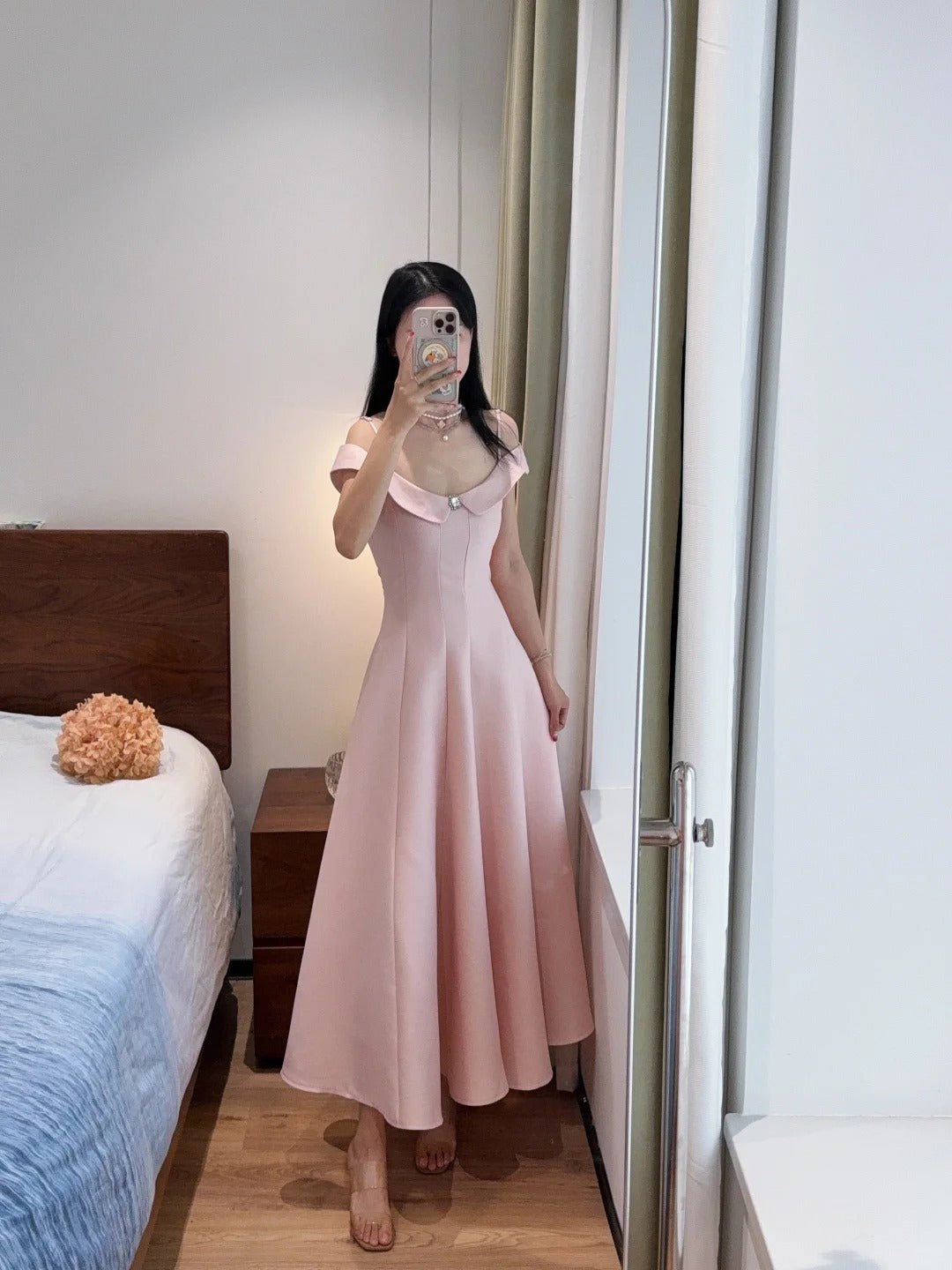Sweet And Elegant Pink A-Line Off-Shoulder Satin Classy Prom Dress