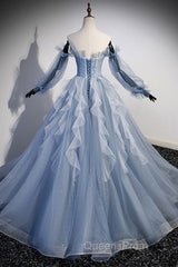 Sweet And Elegant Sky Blue Beaded Sequins Off The Shoulder Long Sleeved Ball Dress Sky Blue A-Line/Princess Strapless Backless Strap And Ground Length Evening Prom Dress