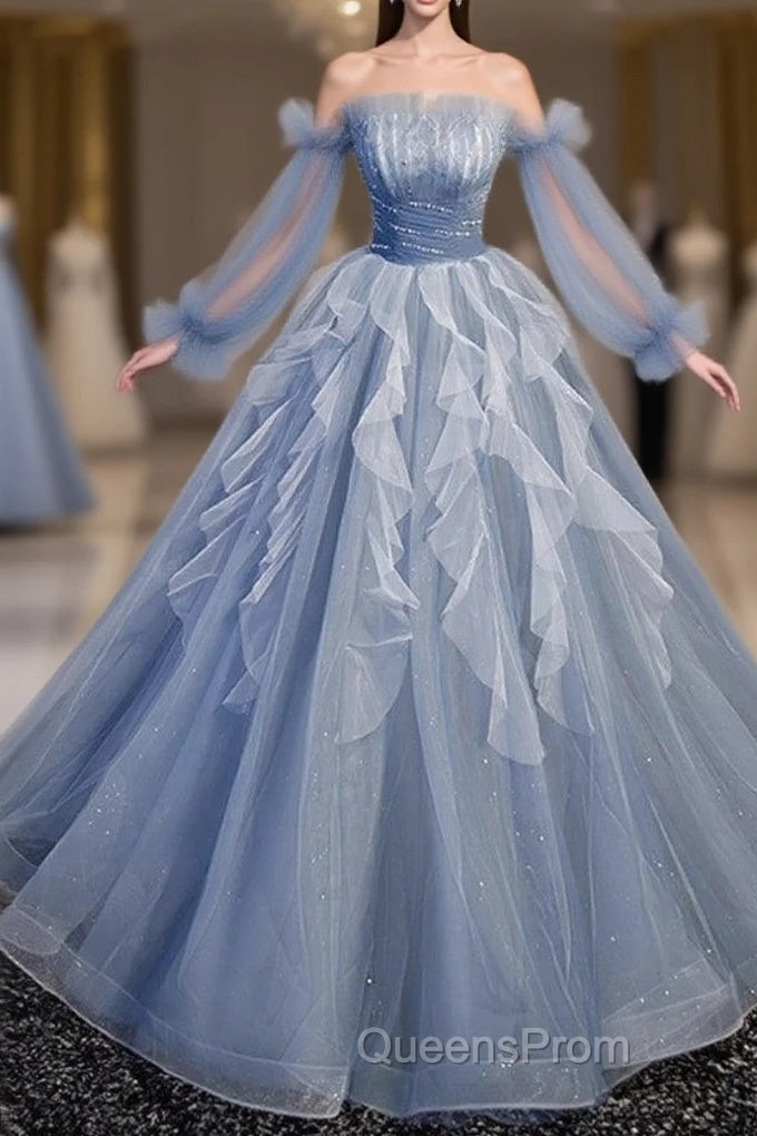 Sweet And Elegant Sky Blue Beaded Sequins Off The Shoulder Long Sleeved Ball Dress Sky Blue A-Line/Princess Strapless Backless Strap And Ground Length Evening Prom Dress Main image