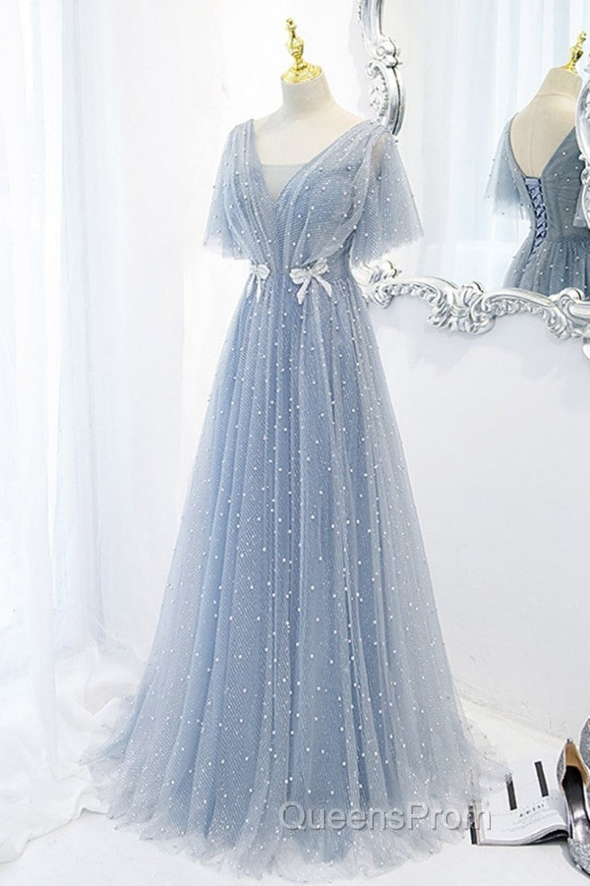 Sweet And Elegant Sky Blue Beaded Short Sleeved Sheer Ball Dress With Sky Blue A-Shaped Backless Strap And Ground Length Evening Prom Dress Secondary image