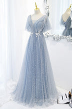 Sweet And Elegant Sky Blue Beaded Short Sleeved Sheer Ball Dress With Sky Blue A-Shaped Backless Strap And Ground Length Evening Prom Dress