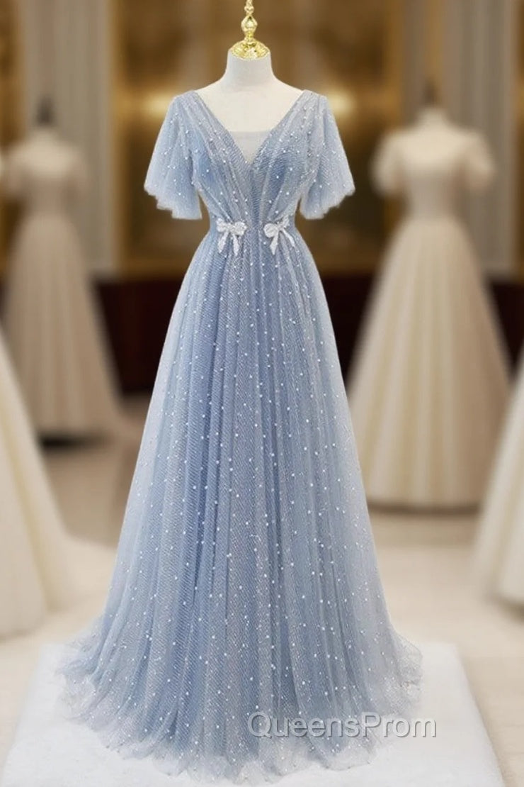 Sweet And Elegant Sky Blue Beaded Short Sleeved Sheer Ball Dress With Sky Blue A-Shaped Backless Strap And Ground Length Evening Prom Dress Main image