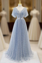 Sweet And Elegant Sky Blue Beaded Short Sleeved Sheer Ball Dress With Sky Blue A-Shaped Backless Strap And Ground Length Evening Prom Dress