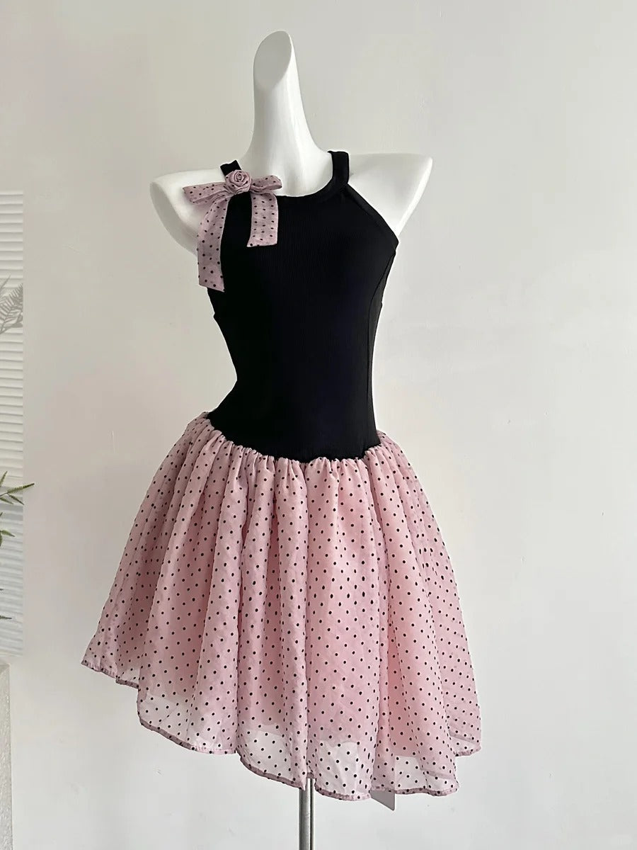 Sweet Black And Pink Polka Dot Halter Neck Chiffon Short Birthday Prom Homecoming Dress Main image