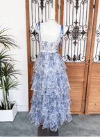 Sweet Blue And White Floral Printed Bow Ribbon Multi-Layered Tiered Chiffon Long Classy Prom Dress