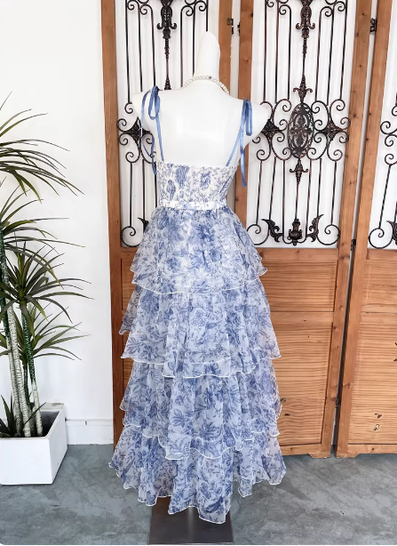 Sweet Blue And White Floral Printed Bow Ribbon Multi-Layered Tiered Chiffon Long Classy Prom Dress