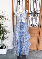 Sweet Blue And White Floral Printed Bow Ribbon Multi-Layered Tiered Chiffon Long Classy Prom Dress