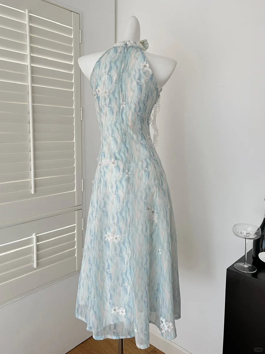 Sweet Blue And White Gradient A-Line Halter Neck Chiffon Long Classy Prom Dress