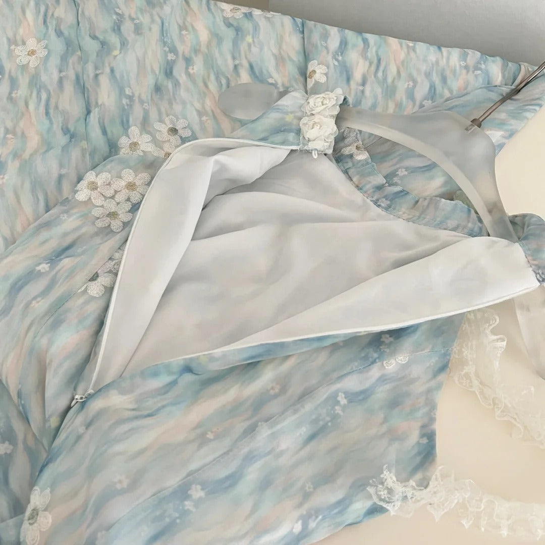 Sweet Blue And White Gradient A-Line Halter Neck Chiffon Long Classy Prom Dress