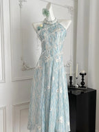Sweet Blue And White Gradient A-Line Halter Neck Chiffon Long Classy Prom Dress