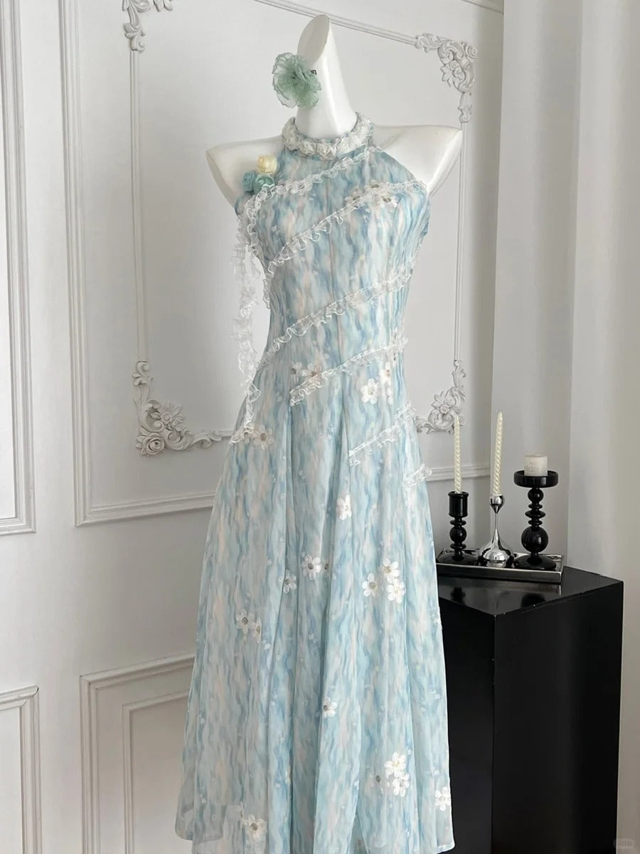 Sweet Blue And White Gradient A-Line Halter Neck Chiffon Long Classy Prom Dress