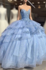 Sweet Blue Tulle Beaded Evening Prom Dress Ball Gown Quinceanera Dress