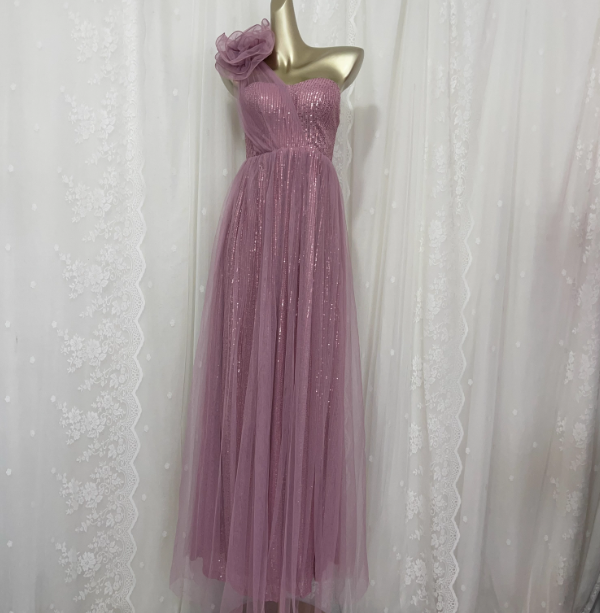 Sweet Blush Purple A-Line One-Shoulder 3D Floral Sequin Tulle Long Classy Prom Dress Secondary image