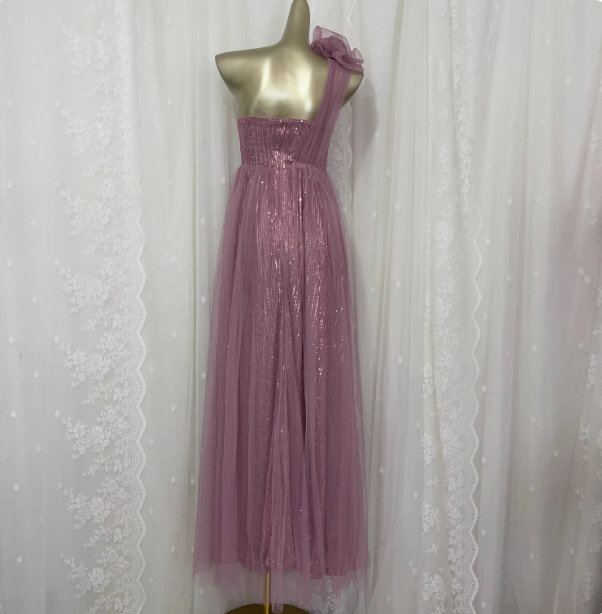 Sweet Blush Purple A-Line One-Shoulder 3D Floral Sequin Tulle Long Classy Prom Dress