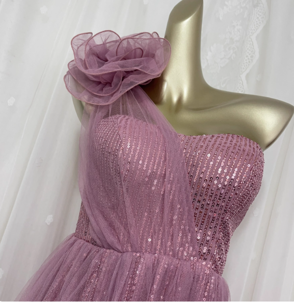 Sweet Blush Purple A-Line One-Shoulder 3D Floral Sequin Tulle Long Classy Prom Dress