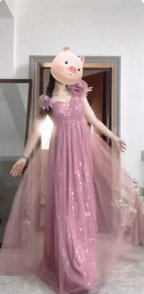 Sweet Blush Purple A-Line One-Shoulder 3D Floral Sequin Tulle Long Classy Prom Dress