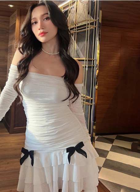Sweet Bow Pleated Mesh Ruffle Hip Birthday Skirt Homecoming Dress Main image