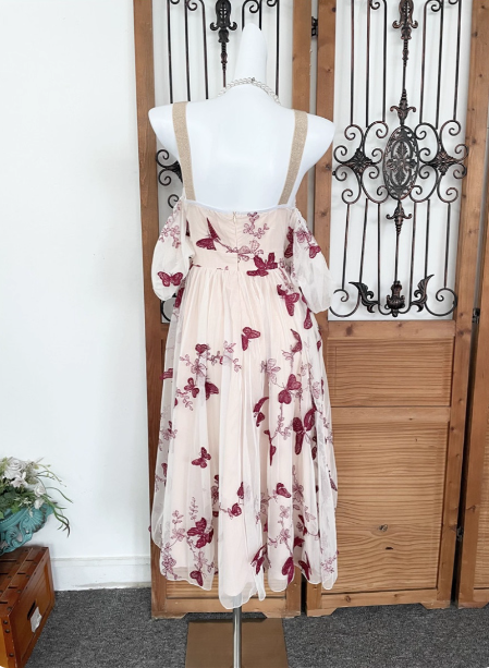 Sweet Butterfly Printed Strap Puff Sleeve Midi-Length Tulle Classy Prom Dress Secondary image