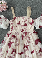 Sweet Butterfly Printed Strap Puff Sleeve Midi-Length Tulle Classy Prom Dress