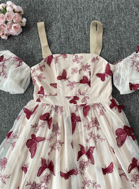 Sweet Butterfly Printed Strap Puff Sleeve Midi-Length Tulle Classy Prom Dress