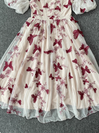 Sweet Butterfly Printed Strap Puff Sleeve Midi-Length Tulle Classy Prom Dress