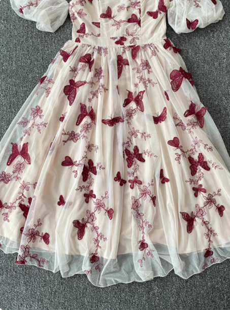 Sweet Butterfly Printed Strap Puff Sleeve Midi-Length Tulle Classy Prom Dress